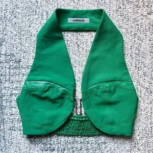 MANIERE DE VOIR Green Halter Crop Top Faux Leather Trim Silver Hardware UK6 US2
